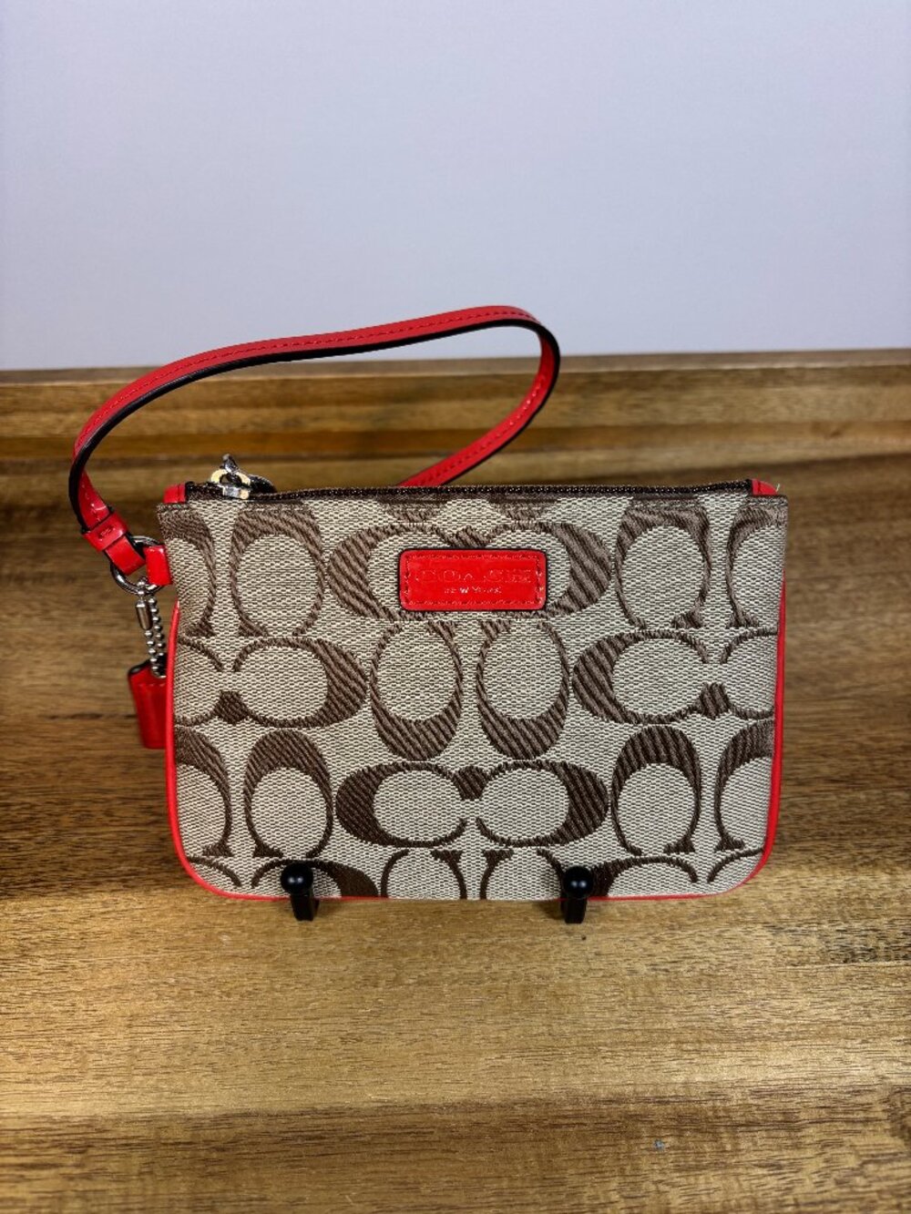 Coach Signature Khaki Orange Leather Wristlet